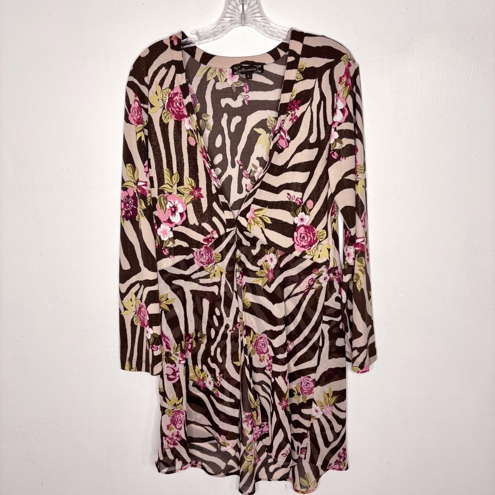 Mesmerize Tunic Kimono Large Brown Pink Zebra Floral Glitter Front Closure Boho